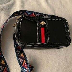Black Bee Crossbody camera Bag and Red Stripe and Patterned Strap